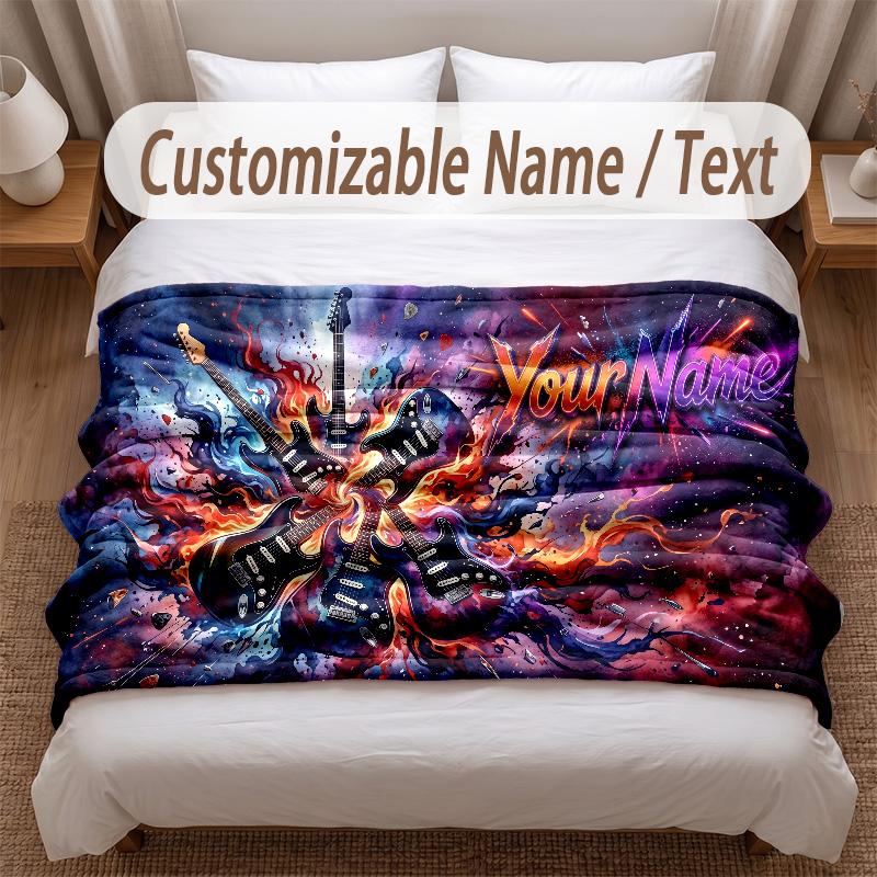 Music Guitar Theme Soft Blanket Personalized Custom Name Text Print Warm Blanket Home Sofa Bedroom Decor