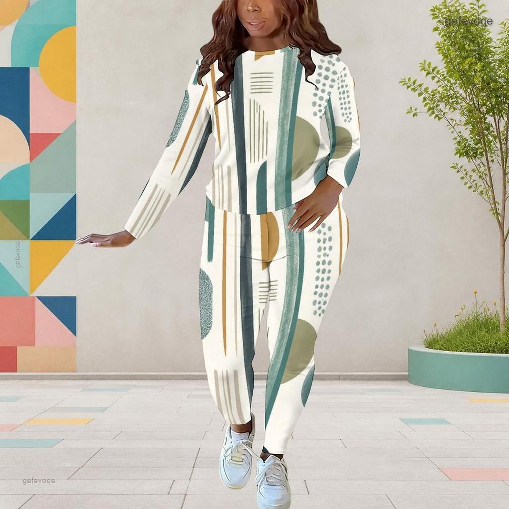 Women Plus Size Abstract Printed Round Neck Long Sleeve Top Fitted Pants Two Piece Set