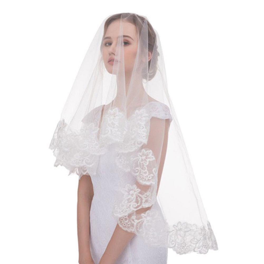 Fashion Ornaments Festival Elegant One Elbow Lace White Length Edge Layer Bridal Party Wedding Veil 4.9ft