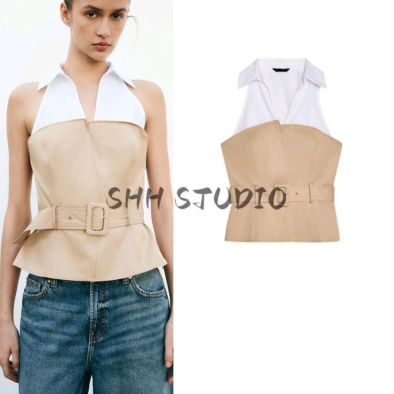 Spring and Summer New Women's Clothing with Belt Hanging Collar Patchwork Fashion Sleeveless Polo Collar Top 2609615