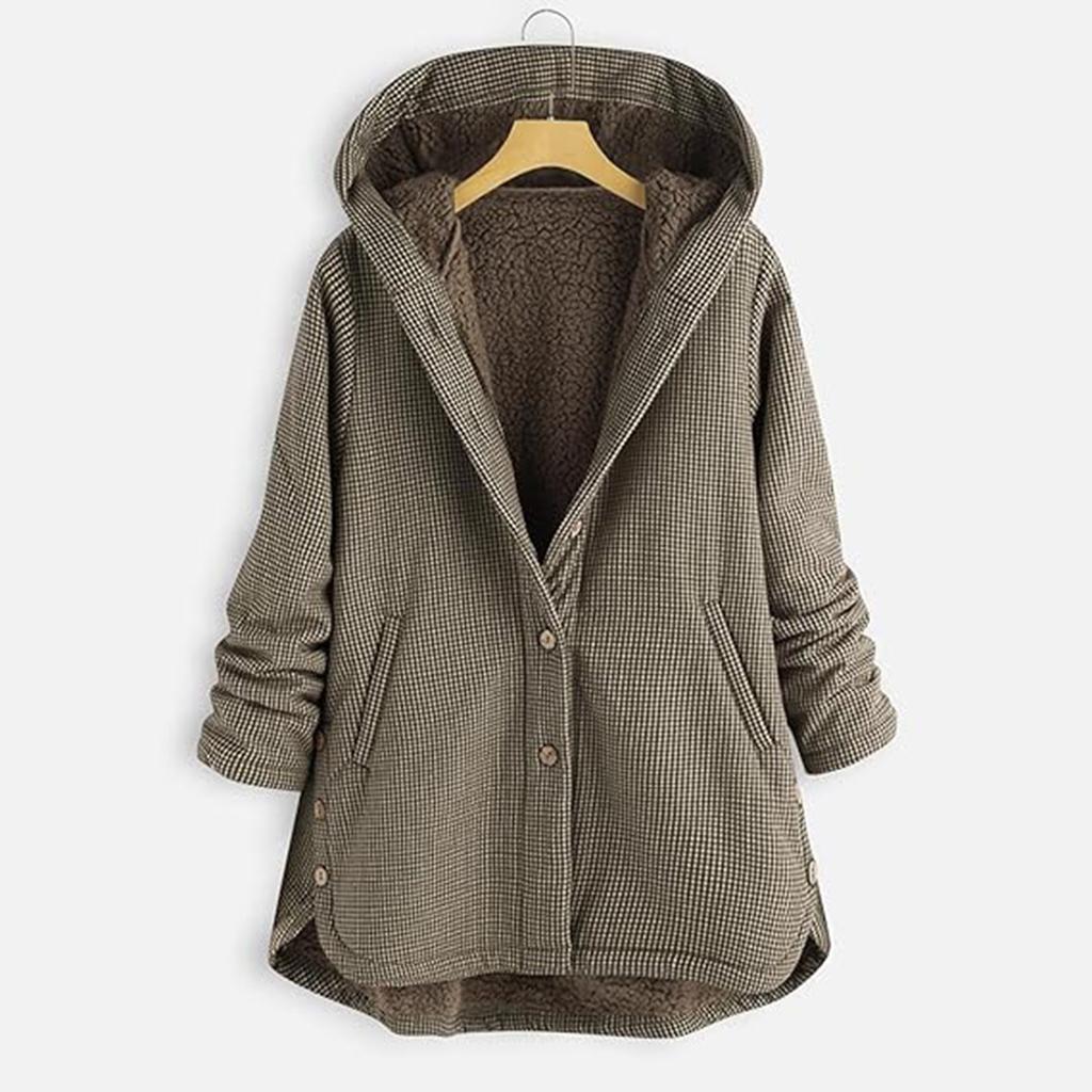 Women's Plaid Jacket Flannel Jacket Button Hooded Warm Coat