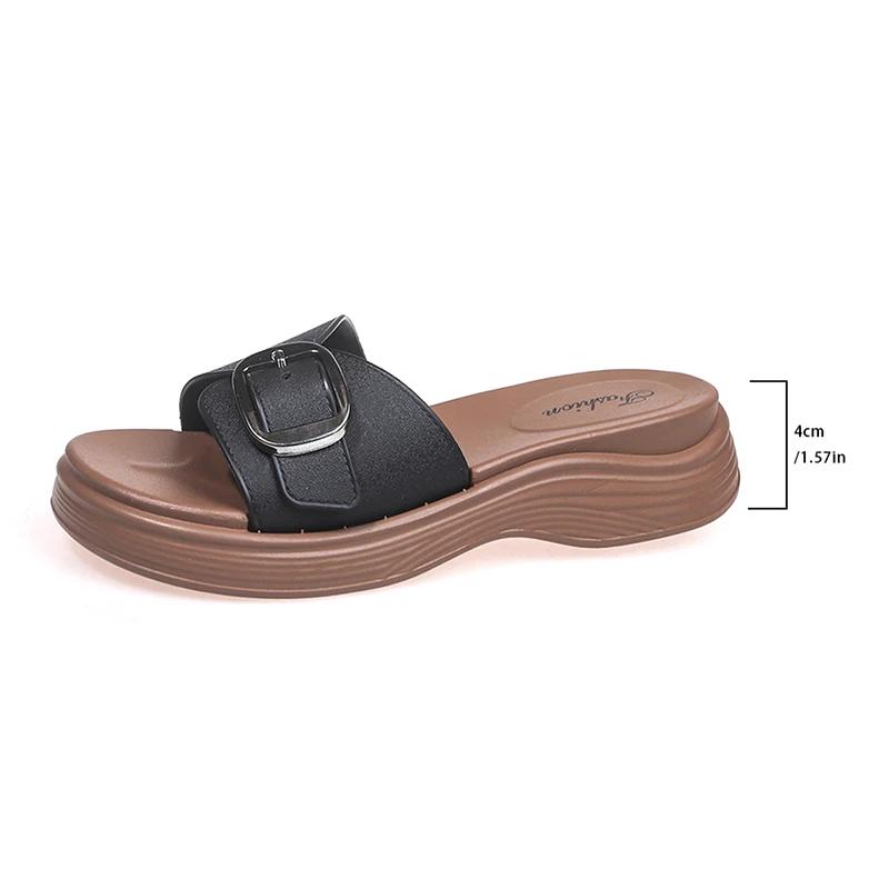 Fashion Buckle Design Chic Platform Slippers Women Summer New Patchwork Med Heel Slides Female Stylish Soft Sole Anti-Slip Slides Mujer