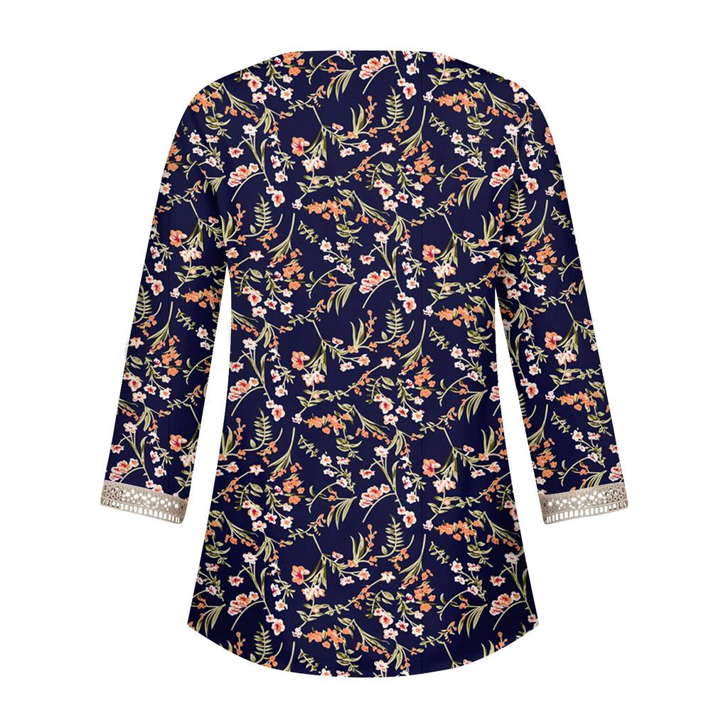 Skjortebluse for kvinner Uformelle løse skjorter 3/4-ermet blondekant med V-hals trykk Topper T-skjorter T-skjorte