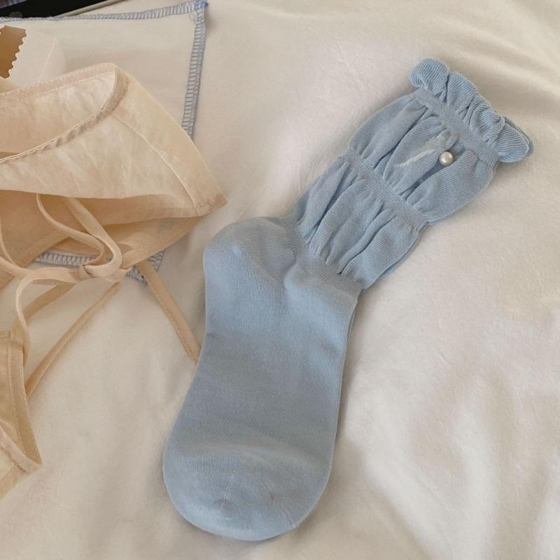 Female Spring and Summer Cloth Label Stripe Bow Shell Pearl Tube Pile Pile Cotton Socks
