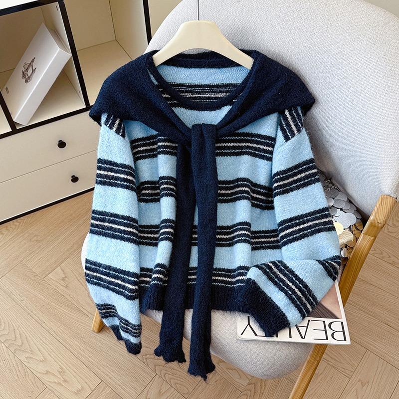 

Женский полосатый вязаный свитер, комплект из двух предметов, пуловер с открытыми плечами и шалевым воротником, осень-зима, корейский стиль one size темно-синий
