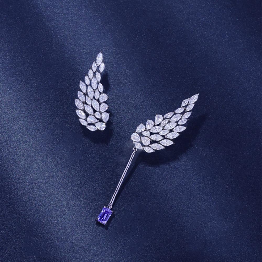 Tanzanite Style Jewelry Set for Women Angel Wing Ring and Asymmetric Earrings with Diamonds
