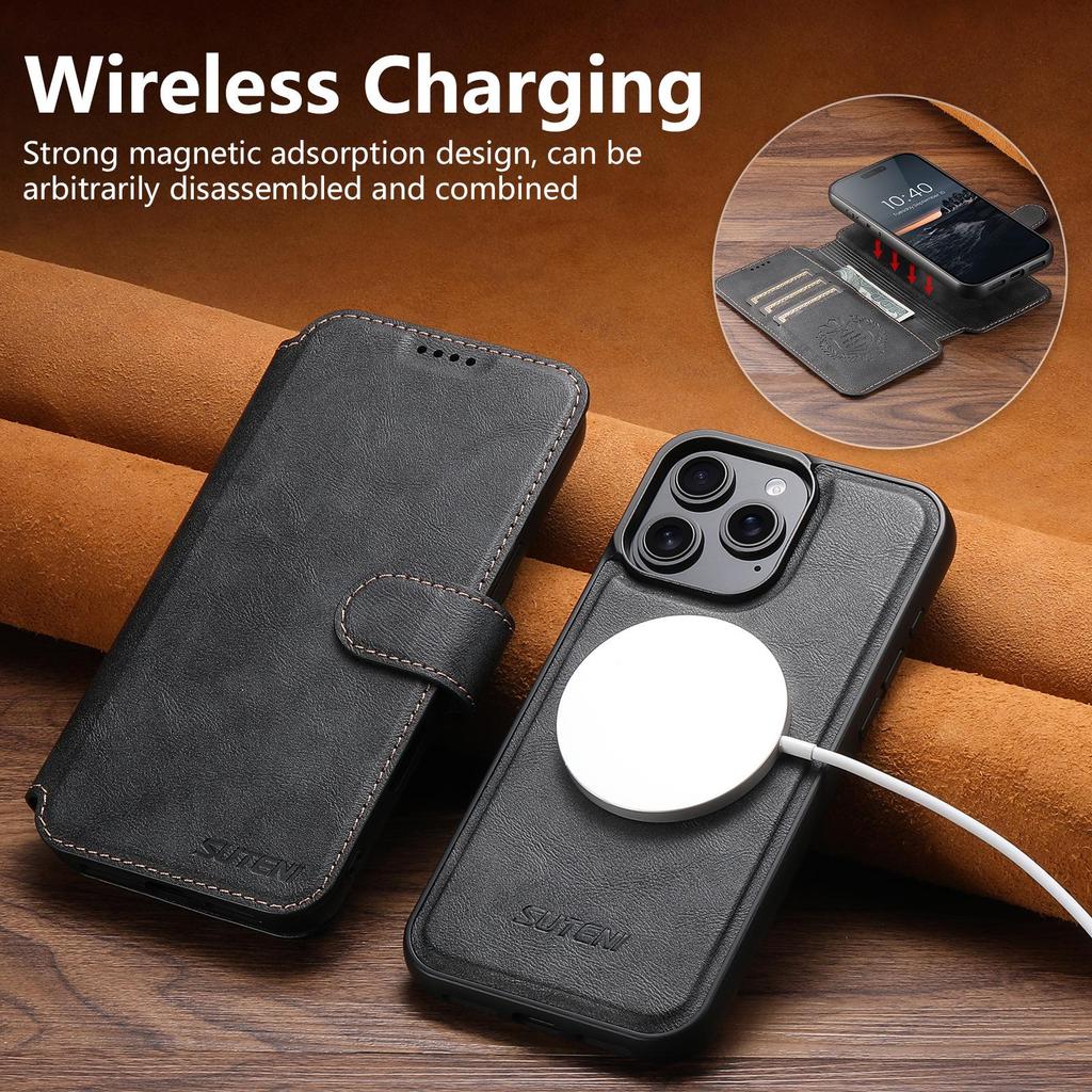 iPhone17 Pro Max Flip Case with Card Slot, Magnetic Snap, Wireless Charging Stand, and Leather Finish