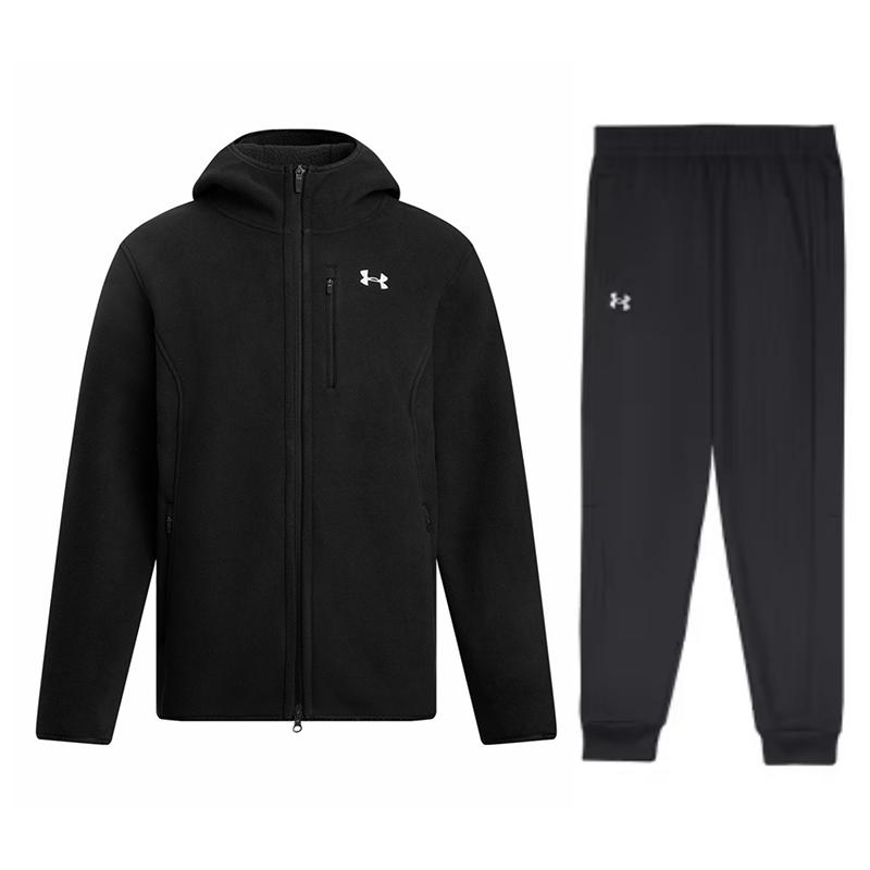 

Under Armour Hooded Solid Color Long Sleeve Jacket And Drawstring Cuffed Pants Casual Sports Set Men sets Black 1389307-001+24500703-001 L
