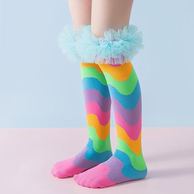 Bas Patchwork Couleur Arc-en-ciel Filles Volants Fête Enfants Chaussettes Princesse Mode Doux Coloré Enfants Longs Bas