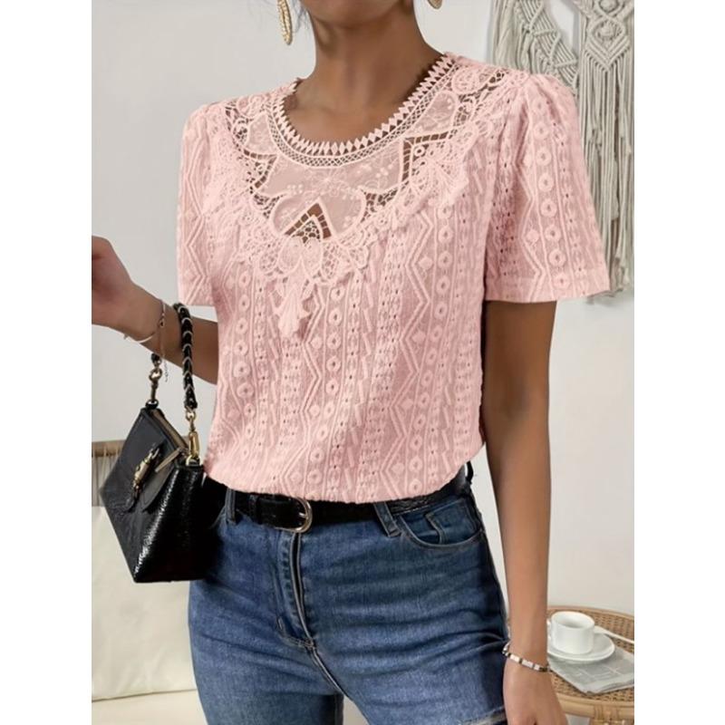 Sommer Neuer Stil Spitze Nähte Hohl Rundhals Einfarbig Kurzarm Hemd Top