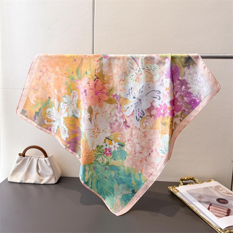Pastoral Floral Print Square Scarf Imitation Silk Shawl Sun Protection High-end Neck Tie Small Square Scarf Headscarf Women's