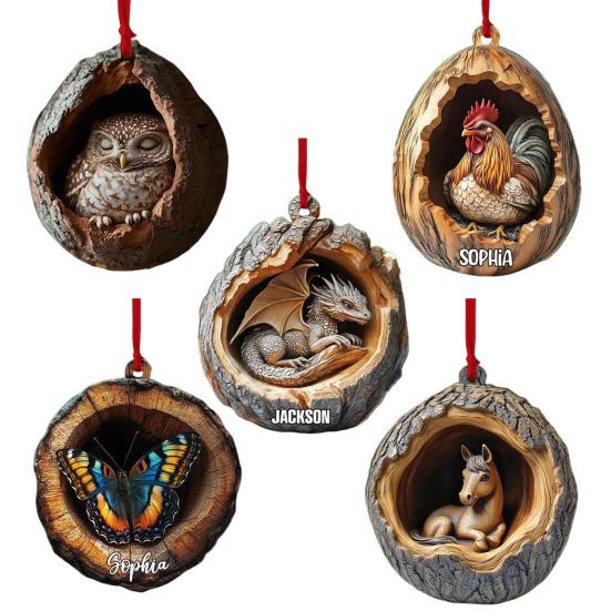 5Pcs Christmas Animal Ornaments 2D Acrylic Cute Wildlife Pendant Raccoon Owl Squirrel Hedgehog Bird Tree Hole Wood Texture Hanging Decorations