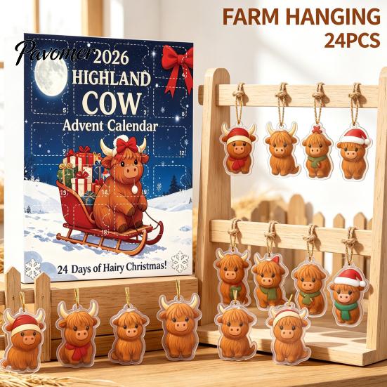 Decorative Acrylic Charms Highland Cow Christmas Advent Calendar with 24 Ornaments, Festive Countdown Unique Decorations Box for Holiday Tree Hanging