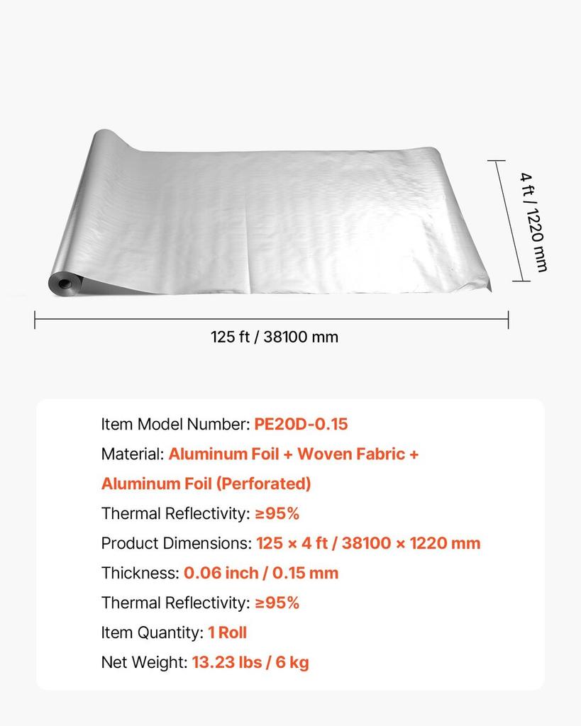 Double Reflective Insulation Roll, Perforated Woven Fabric Radiant Barrier, 0.15mm 38.1 m x 1.22 m, Double-Sided Aluminum Foil Heat Reflective Shield,