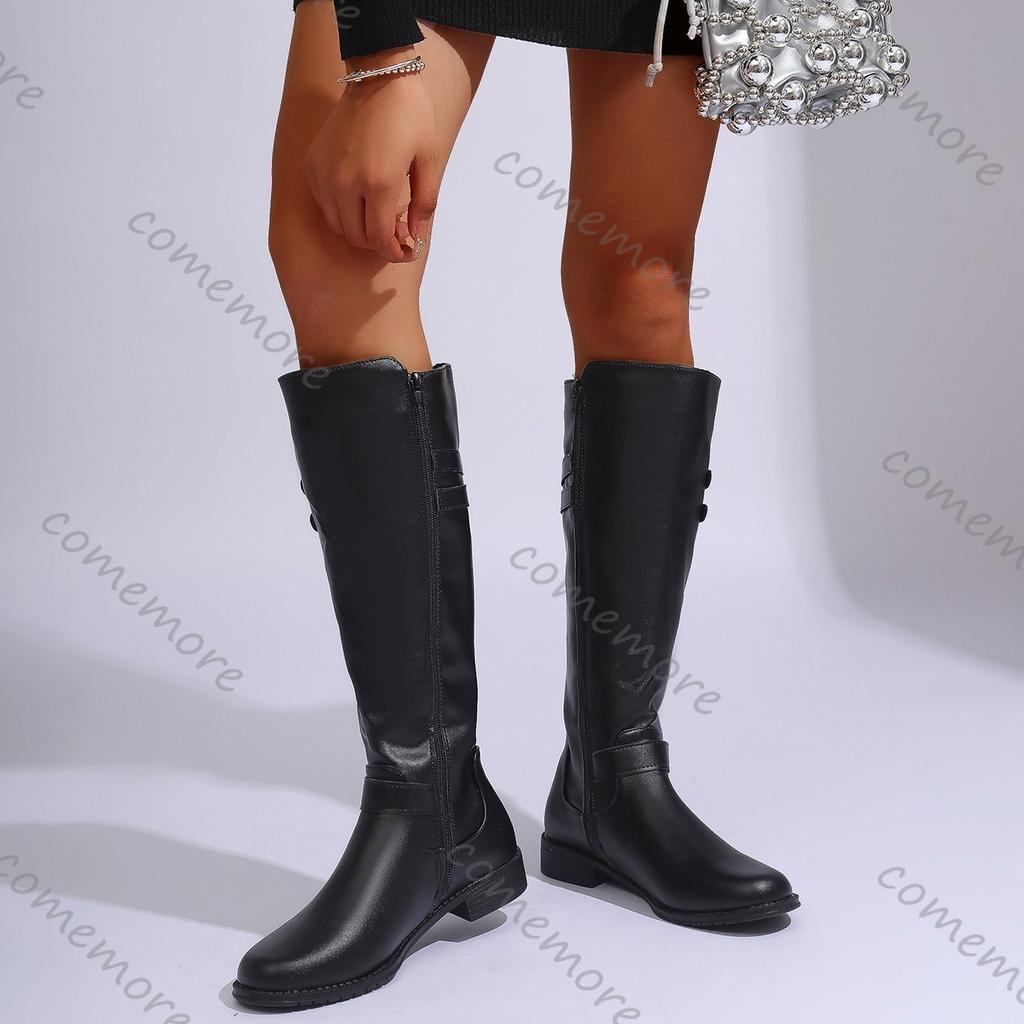 Comemore Women's High Boots Autumn New Black Belt Buckle Knight Boots for Woman Thick Heeled Knee High Bottes Femmes