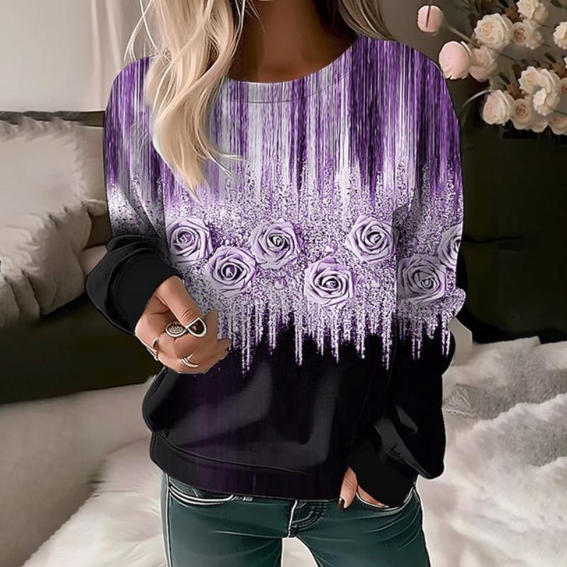 Flower Pattern Print Women's T-Shirt Long Sleeve Autumn O Neck Lady Clothes Tops Oversized Harajuku Streetwear Female Tees