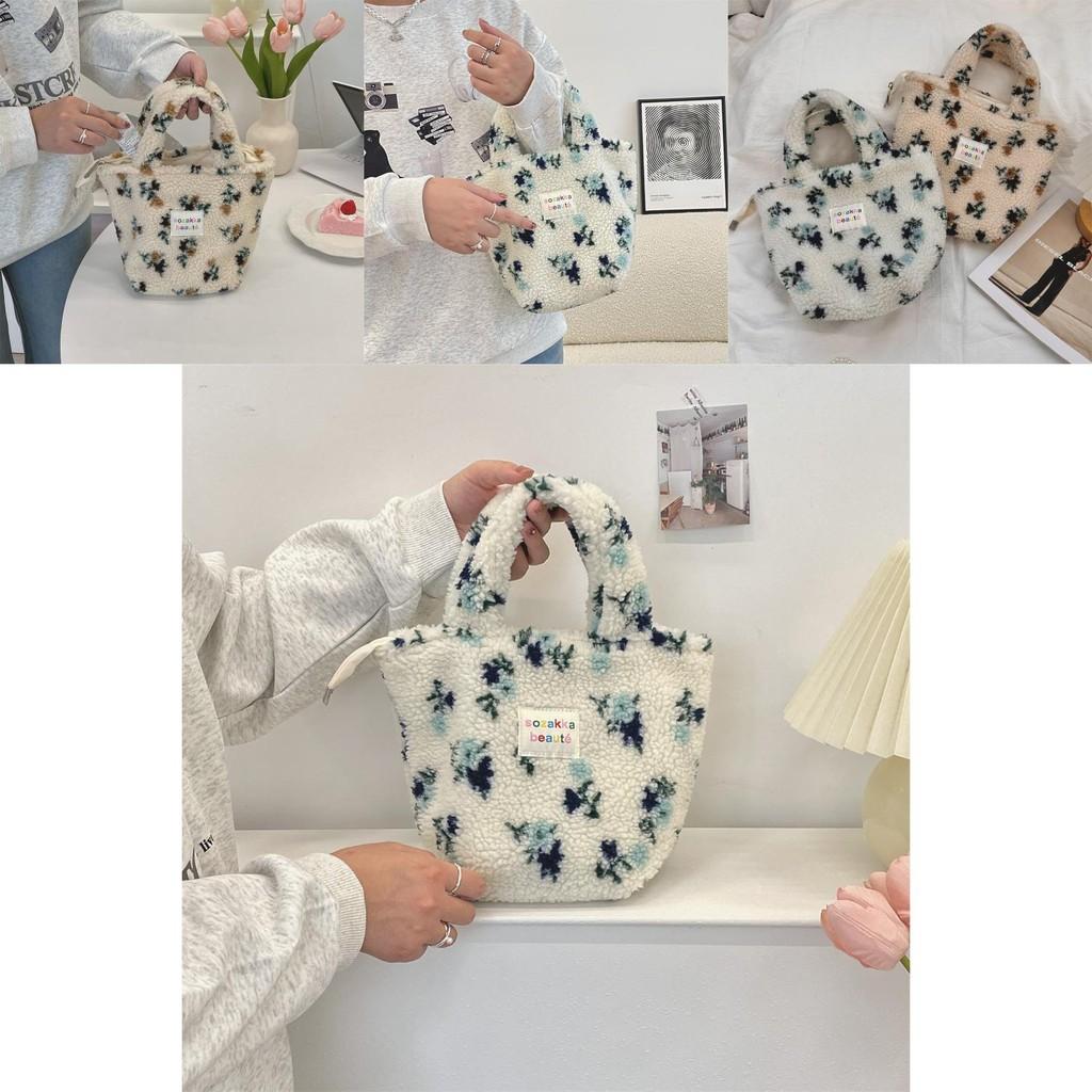 Stylish Plush Bucket Bag With Floral Design Soft And Cozy Handheld Tote Perfect For Everyday Use