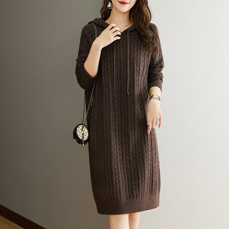 Hooded knitted sweater medium and long sweater skirt loose lazy hooded sweater women's dress new autumn and winter thick