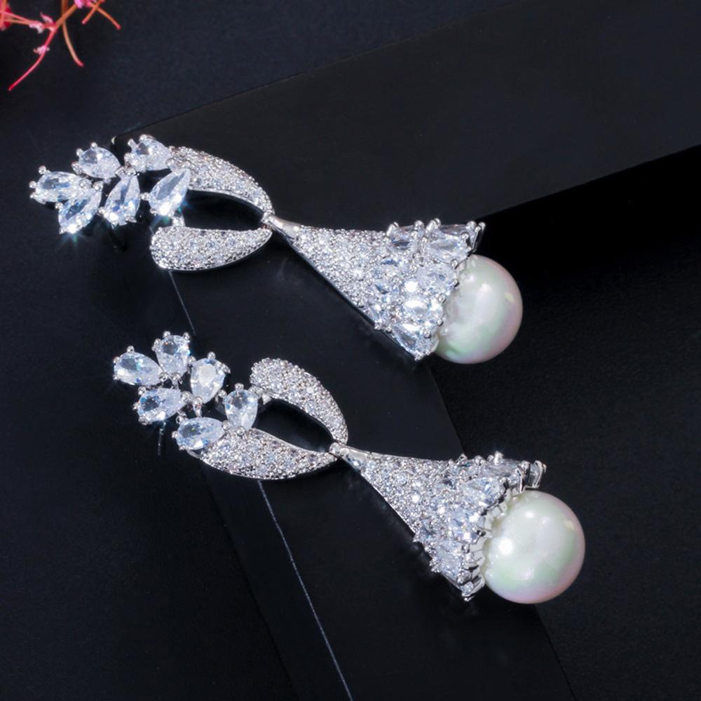 Threegraces Eleganckie Cyrkonia Sześcienna Długie Geometryczne Kolczyki Z Pereł Wiszące Dla Kobiet Biżuteria Ślubna Akcesoria Prezent Er339