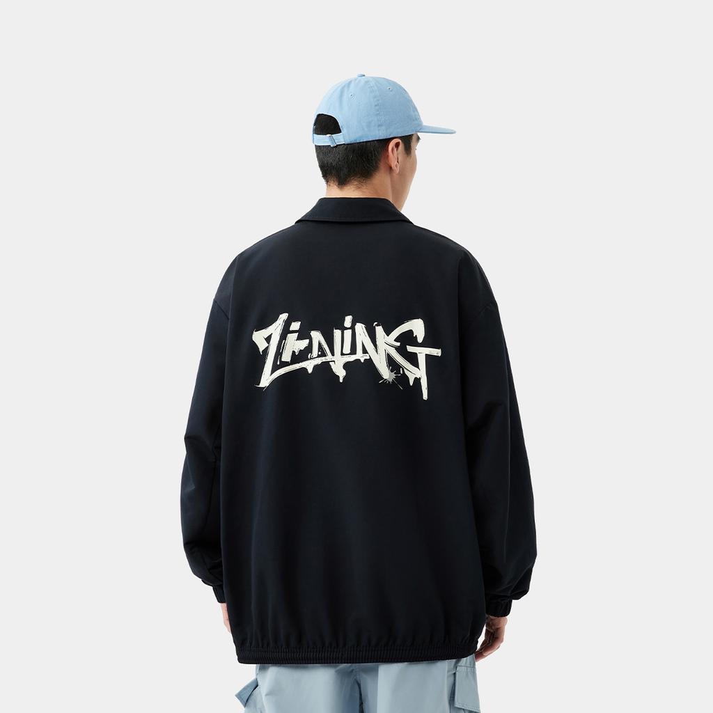 Li Ning Sports Lifestyle Series High Street American Vintage Comfortable Casual Simple Loose Letter Print Polo Jacket Unisex Jacket Black AJDV085-2