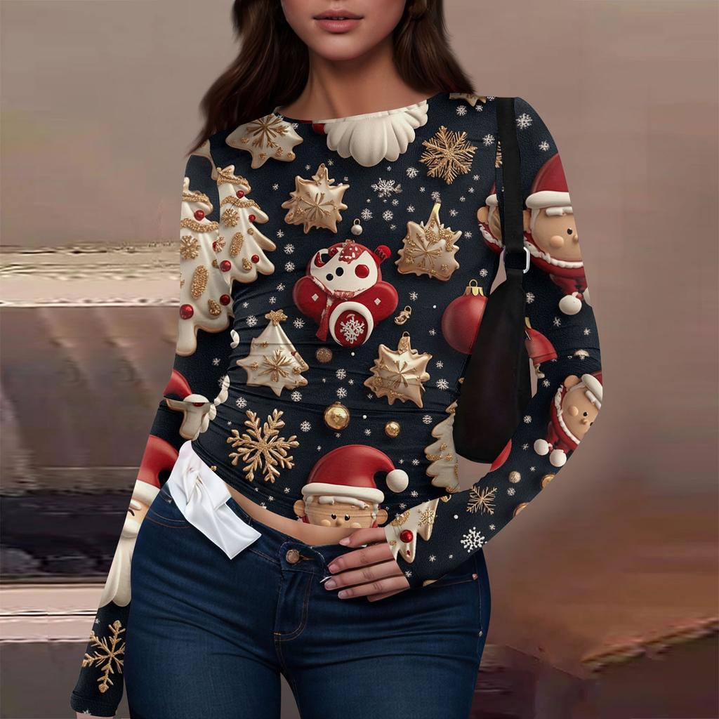T-shirt à manches longues pour femme, mode décontractée, col rond, imprimé Noël