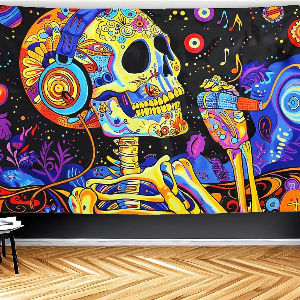 CJSLIFEART Blacklight Skull Tapestry Percussion Small Concert Fluorescent Starry Sky Bedroom Tapestry Background Wall Decoration