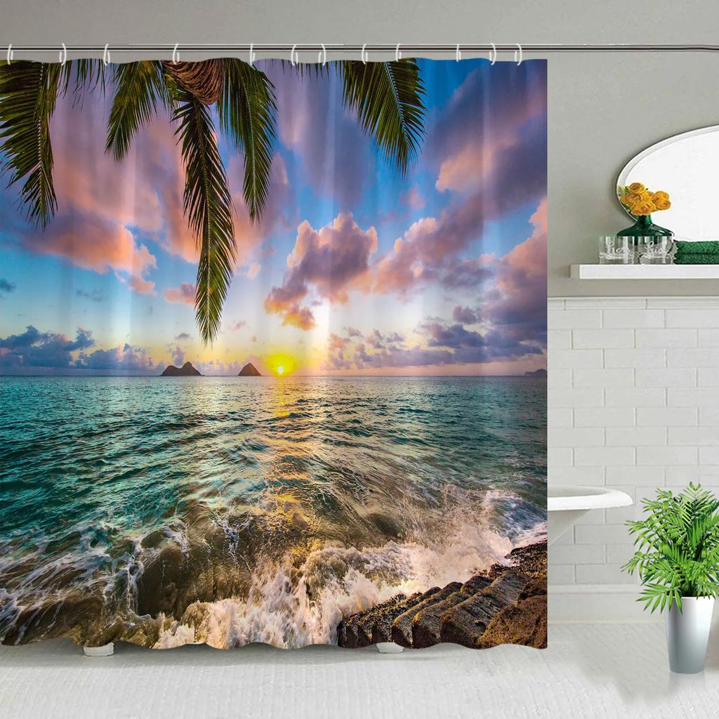 Hawaii Landscape Outdoor Shower Curtain Island Beach Coconut Tropical Ocean Natural Landscape Hanging Curtain Bathroom Decor Set