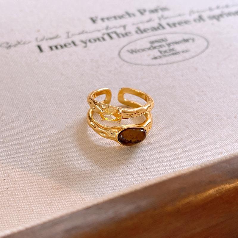 18k Real Gold Electroplated Zircon Tiger's Eye Double-layer Open Ring Retro Index Finger Ring Niche Design Ring Female
