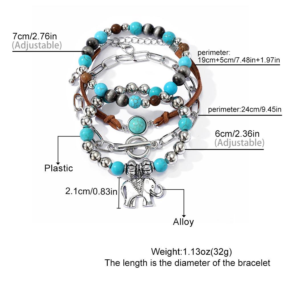 New Bohemian Style Turquoise Wood Bead Alloy Elastic Cord Unisex Beaded Bracelet Set