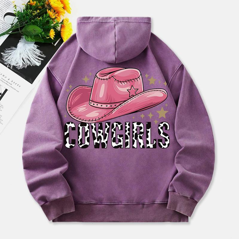 Cow Girls Washed Hoodies Women Pink Hat Prints Cotton Sweatshirts Long Sleeves Pocket Oversized Hooded Clothes