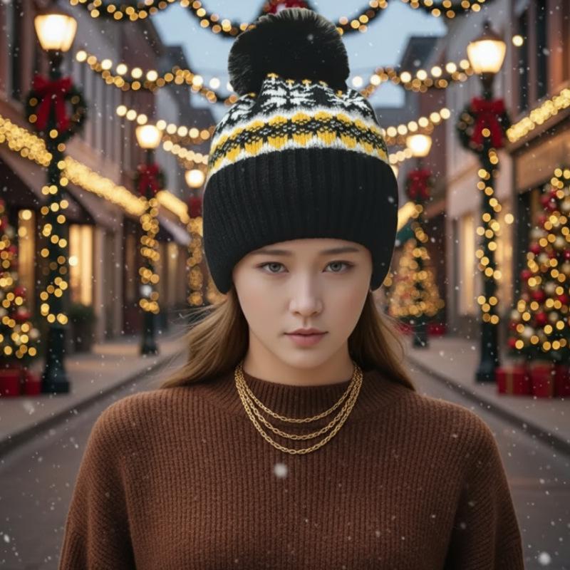 Cross-Border Knitted Christmas Hat for Adults - Warm, Fashionable with Bell Pom Pom
