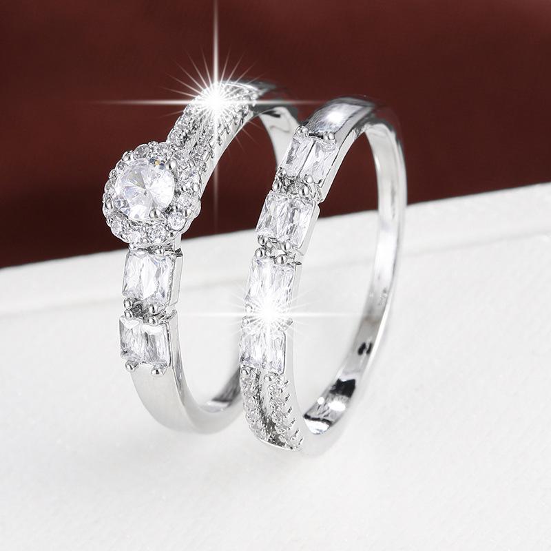 Exquisite Sweet Double Zircon Flower Geometric Square Stackable Rings Jewelry