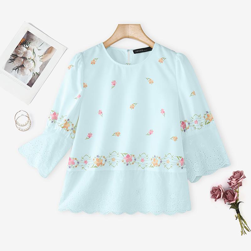 ZANZEA Women Round Neck 3/4 Sleeve Casual Floral Print Blouse