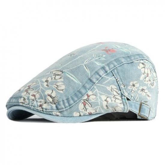 Ретро Женская Джинсовая Кепка-Восьмиклинка Цветочный Принт Берет Плоская Шляпа Этническая Кепка Бейсболка