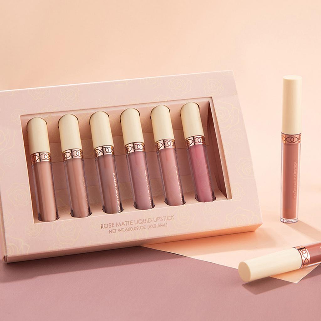 HANDAIYAN 6Pcs Rose Matte Liquid Lipstick Set Waterproof Non Stick Long Lasting Lip Gloss Lip Makeup