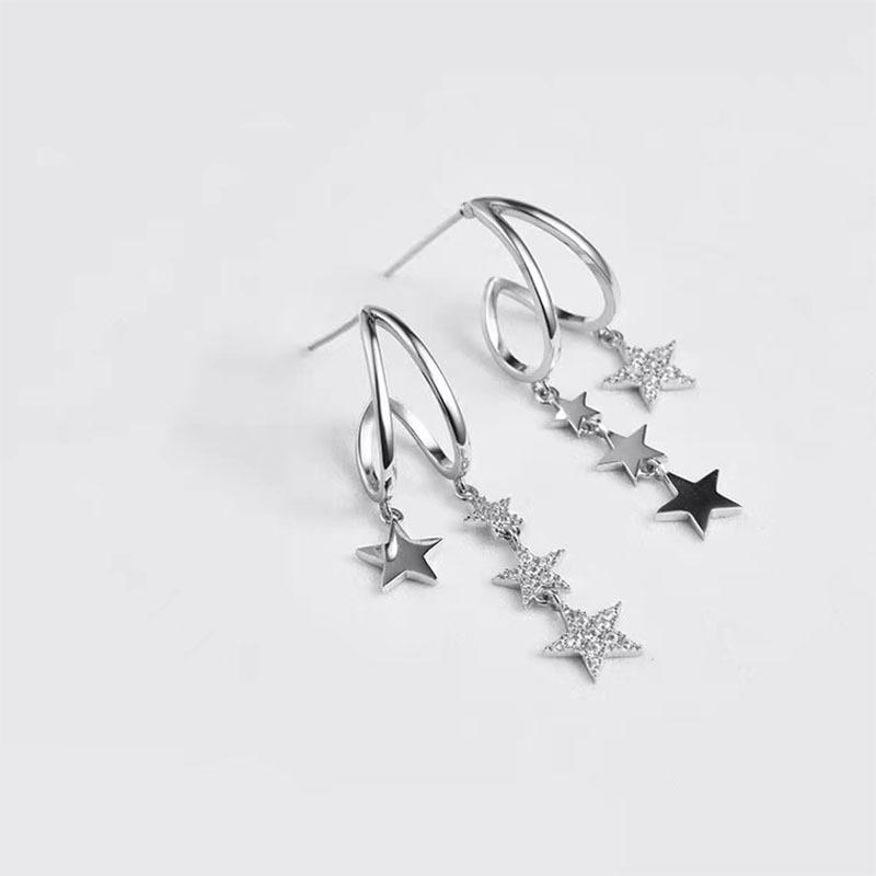 Asymmetric Star Fringed Earrings, Asymmetrical C-ring Earrings, Luxurious Minimalist Zircon Pentagram Earrings