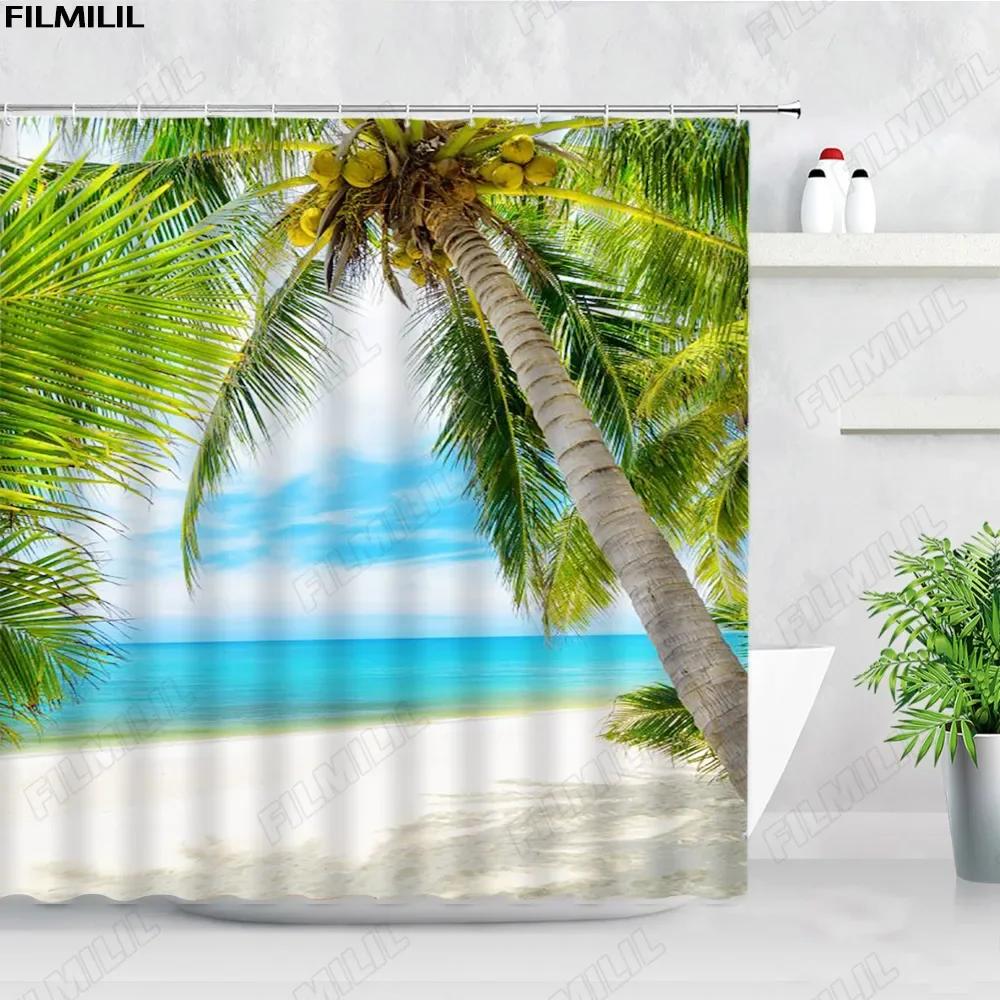 Zen Buddha Green Bamboo Shower Curtain Palm Trees Beach Ocean Flower Plant Nature Landscape Wall Hanging Bathroom Decor Curtains