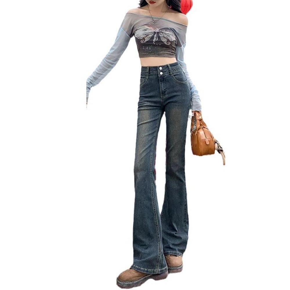 Trend street micro-pull jeans women's spring and autumn new high-waisted slim-fitting, thin and high-flared jeans