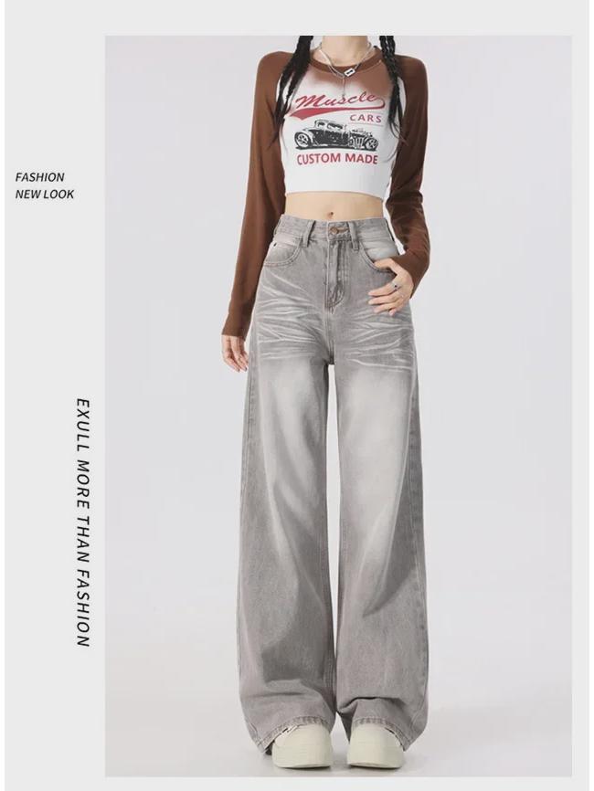 Women's Gray Corrugated Wide-Leg Jeans - 2024 Autumn Lazy Street Style