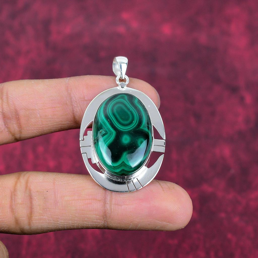 Malakithänge, 925 sterling silver hängsmycke. Gåva för kvinnor handgjorda hängsmycken ädelstenssmycken