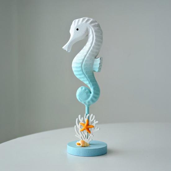 Wooden Seahorse Ornament with Round Base Rustic Seashell Starfish Seahorse Figurine Home Coastal Beach House Decoration