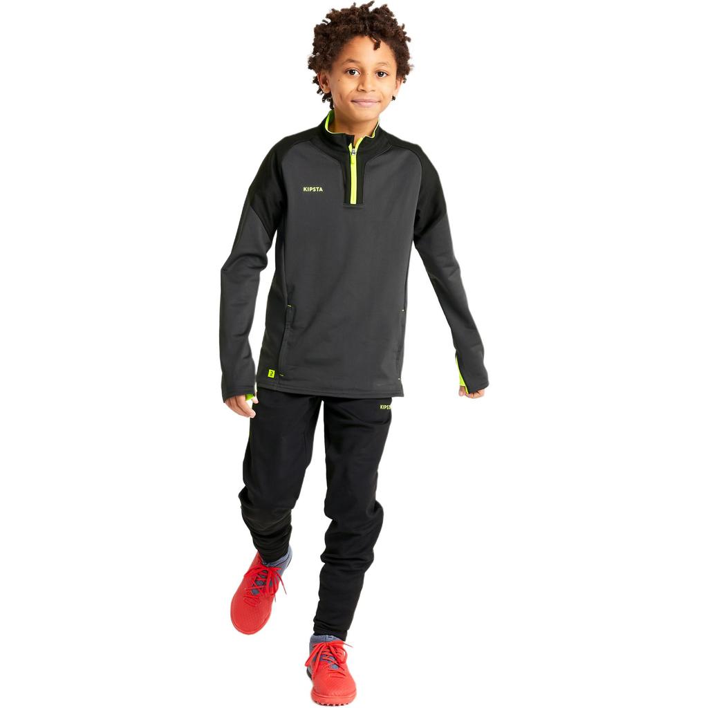 DECATHLON Football Kit Half Zip Slim Fit Warm Carbon Grey/Black/Fluorescent Yellow Children's Model