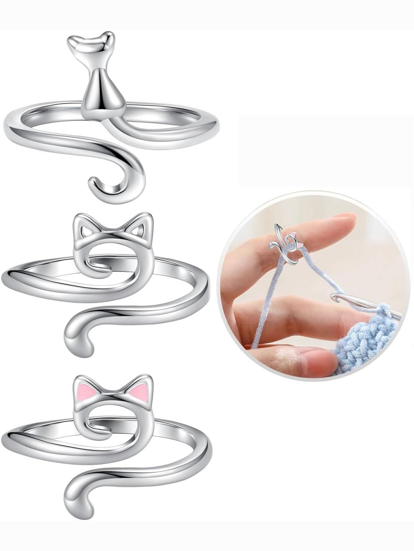 

3-Piece Women s Crochet Loop Set for Adjustable Tension Control Suitable for Fingers, Cat Yarn Guides, Knitting Hook Accessories Set A срібний