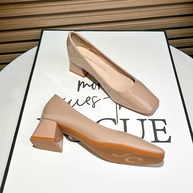 Women's 2024 Green Square Toe Chunky Heel Versatile Low-Cut High Heels