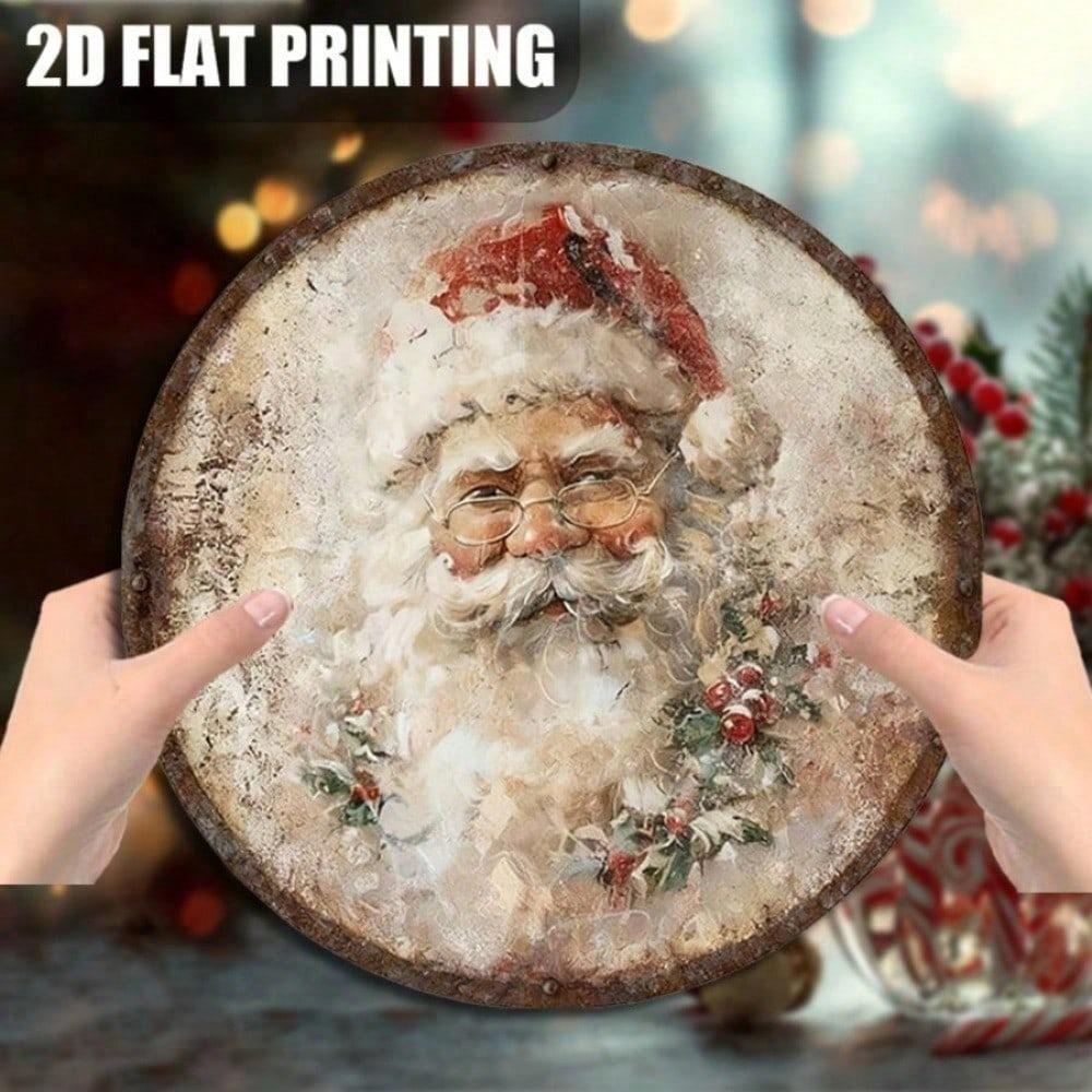 1PC Rustic Christmas Wooden Sign Santa Claus Face Plaque With Glasses Berries, Farmhouse Front Door Porch Wall Decor 20cm