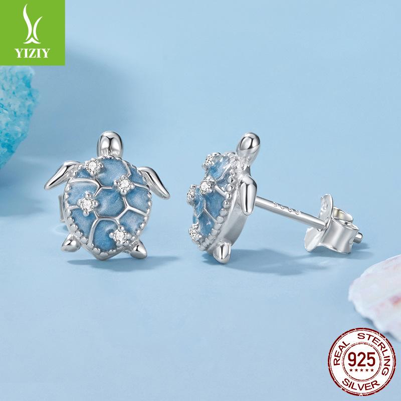 Boucles d'oreilles puces tortue bleue en argent sterling S925, Accessoires début de printemps Boucles d'oreilles puces en argent sterling