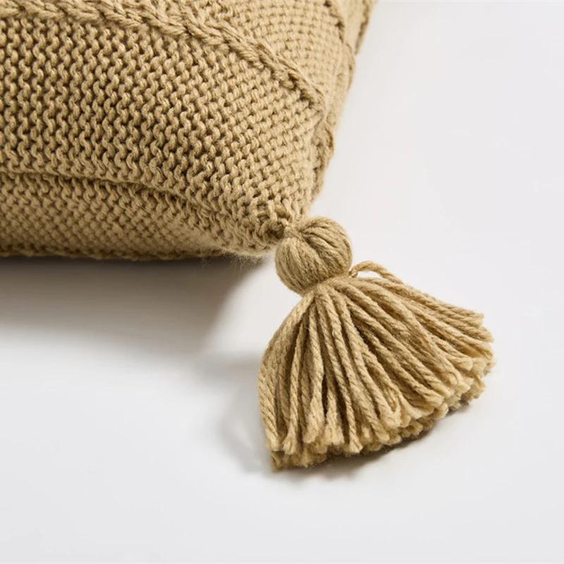 YIRUIO Scandinavian Style Cable Knit Pillow Case Fall Decor Kawaii Tassel Stripe Design Soft Sofa Bed Throw Pillow Case Cover