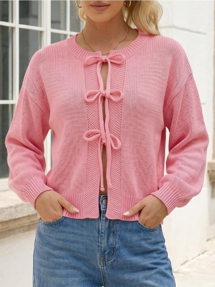 Autumn Winter Solid Color Bow Tie Sweater Coat Round Neck Commuter Knit Cardigan
