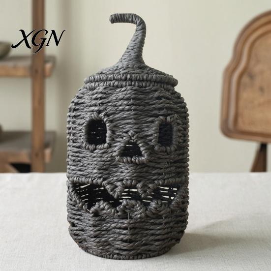 Handmade Fall Decor Handwoven Halloween Pumpkin Basket, Spooky Candy Storage Basket with Lid, Vintage Wicker LED Lantern for Light Up Candle