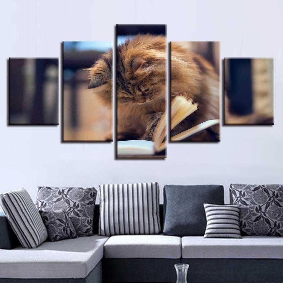 5 Pieces Animal Cats Are Reading Book Framework Modular Wall Art Canvas Painting Picture Poster Decor Living Room Scenery Prints No Frame